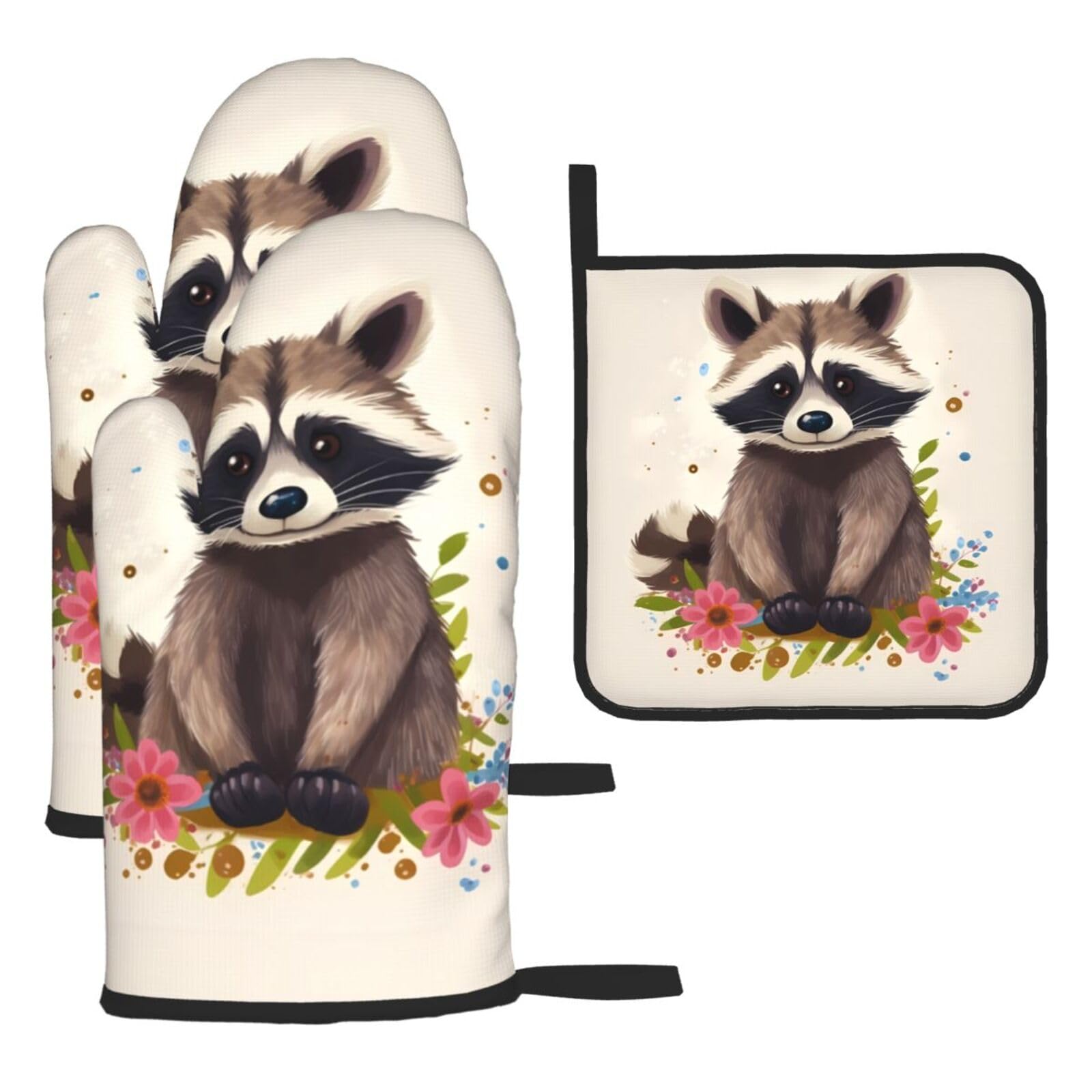3 Piece Oven Mitts and Pot Holders Set Heat Resistant Oven Gloves and Potholders BBQ Gloves Hot Pads Raccoon Cooking Gloves for Kitchen Baking Grilling