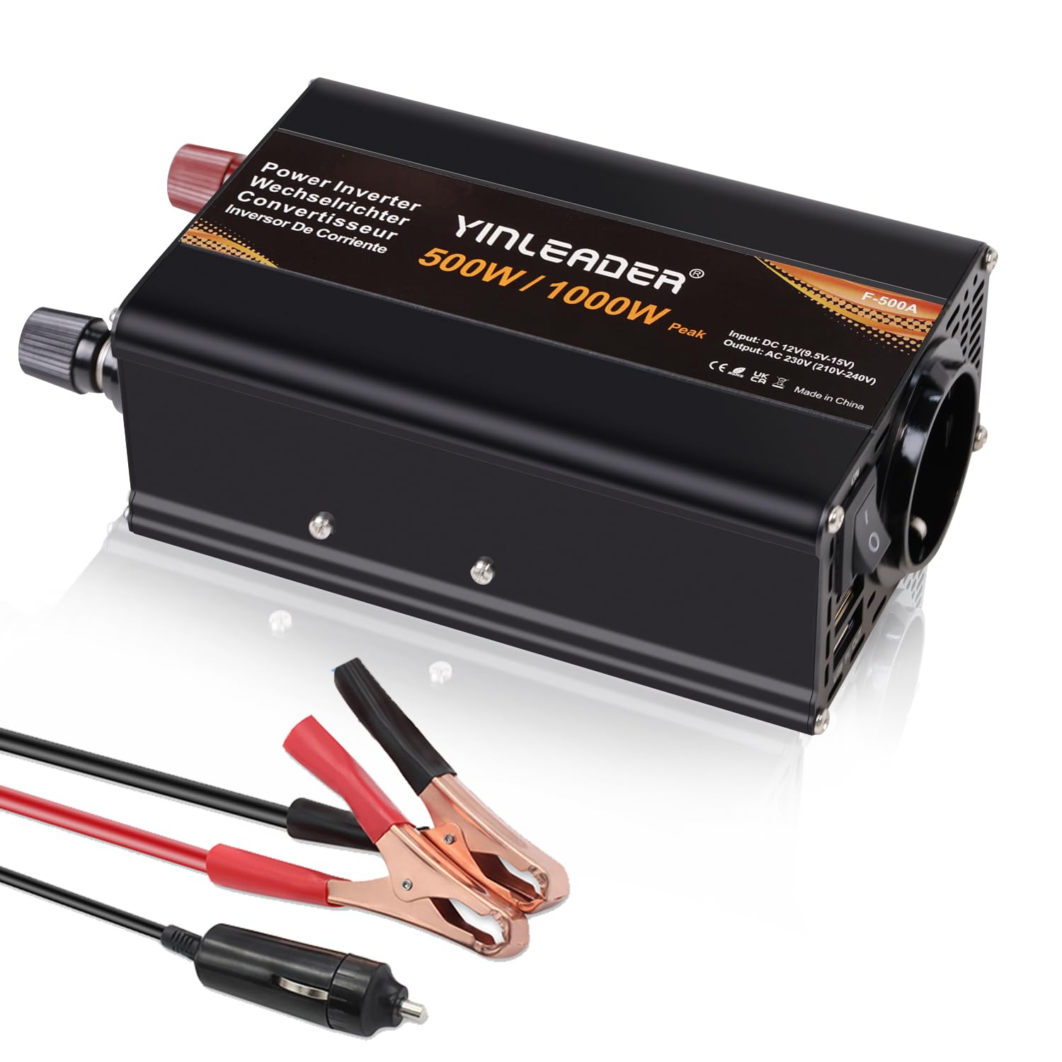 Yinleader 500W /1000W Convertisseur 12V 220V 230V, Onduleur Voiture Transformateur de Tension avec 1 Prise Secteur et 2 USB, Adaptateur pour Auto, Camping-Car, Voyage