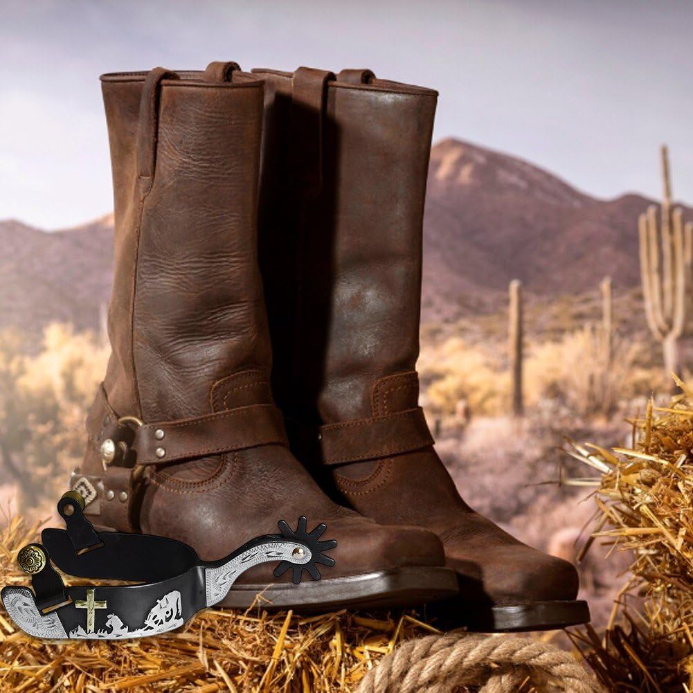 1 Par De Espuelas Vaqueras De Acero Inoxidable Estilo Western, con Decoración De Cruz Tallada a Mano, Accesorio para Botas De Equitación.