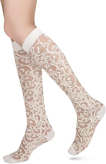 Benefeet Sox Womens Lace Knee High Socks Girls Nylon Knee Highs Sexy Sheer Trouser Socks Black White Mesh Fishnet Stockings