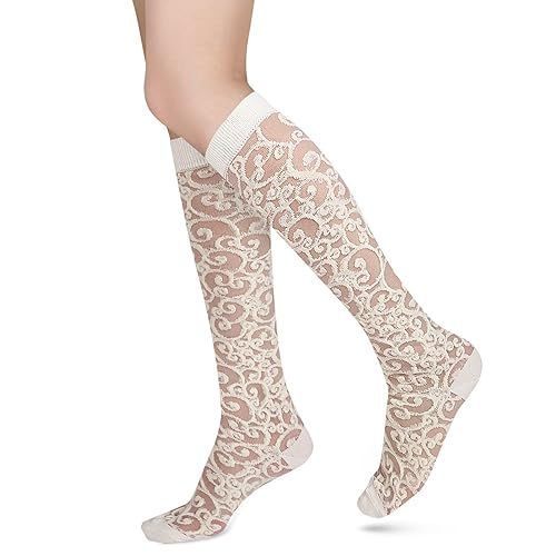 Benefeet Sox Womens Lace Knee High Socks Girls Nylon Knee Highs Sexy Sheer Trouser Socks Black White Mesh Fishnet Stockings - One Size - Beige Lace Paisley