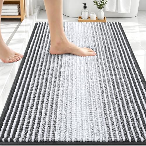 Image of OLANLY Bathroom Rugs 30x20, Extra Soft Absorbent Chenille Striped Bath Rugs, Rubber Backing, Machine Wash Dry, Bath Mats for Bathroom Floor, Tub and Shower, Home Decor Accessories, Dark Grey