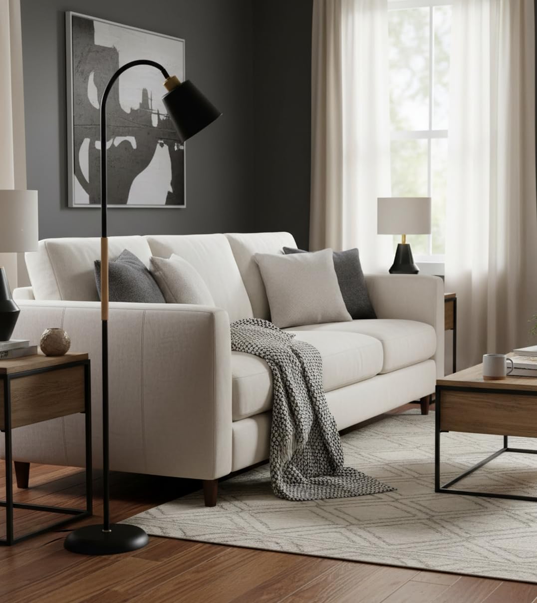 BEL AIR HOME - Lámpara de Pie SWEDEN - Metal Madera Altura 150cm Acabado Mate Brazo Orientable Portalámparas E27 Iluminación Escandinava para Salón y Lectura (NEGRO)