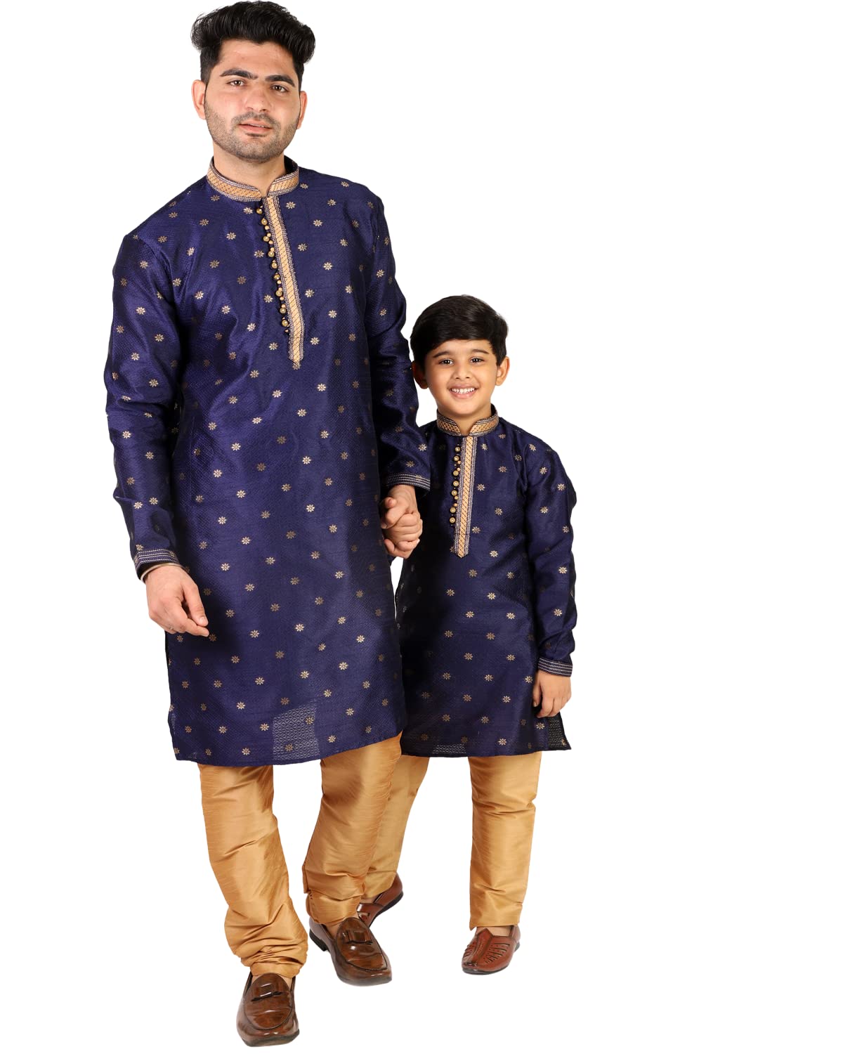 Men's & Boys Silk Printed Father Son Matching Ethnic Wear Kurta Pyjama Set | Jaquard (Combo) B-108-image-16