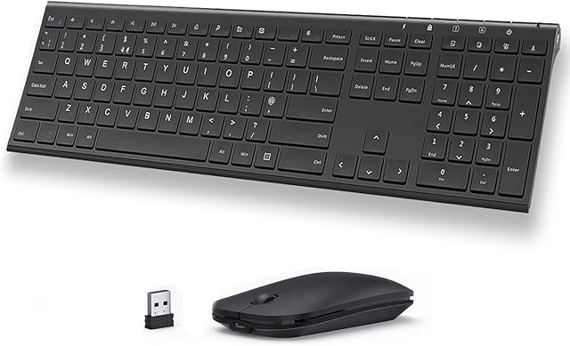 2.4GHz USB Wireless Full Size Keyboard and Mouse Combo, Silent Rechargeable Slim Keyboard and Mice Set UK Layout, 12 Multimedia Function Keys, Black