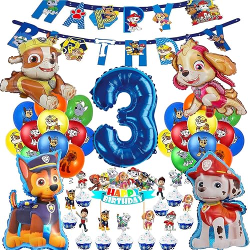 Décoration Anniversaire Pat' Patrouille, Ballon Anniversaire 3 Ans Garçon, Bannière et Cupcake Toppers Déco Enfant (Numéro 3)