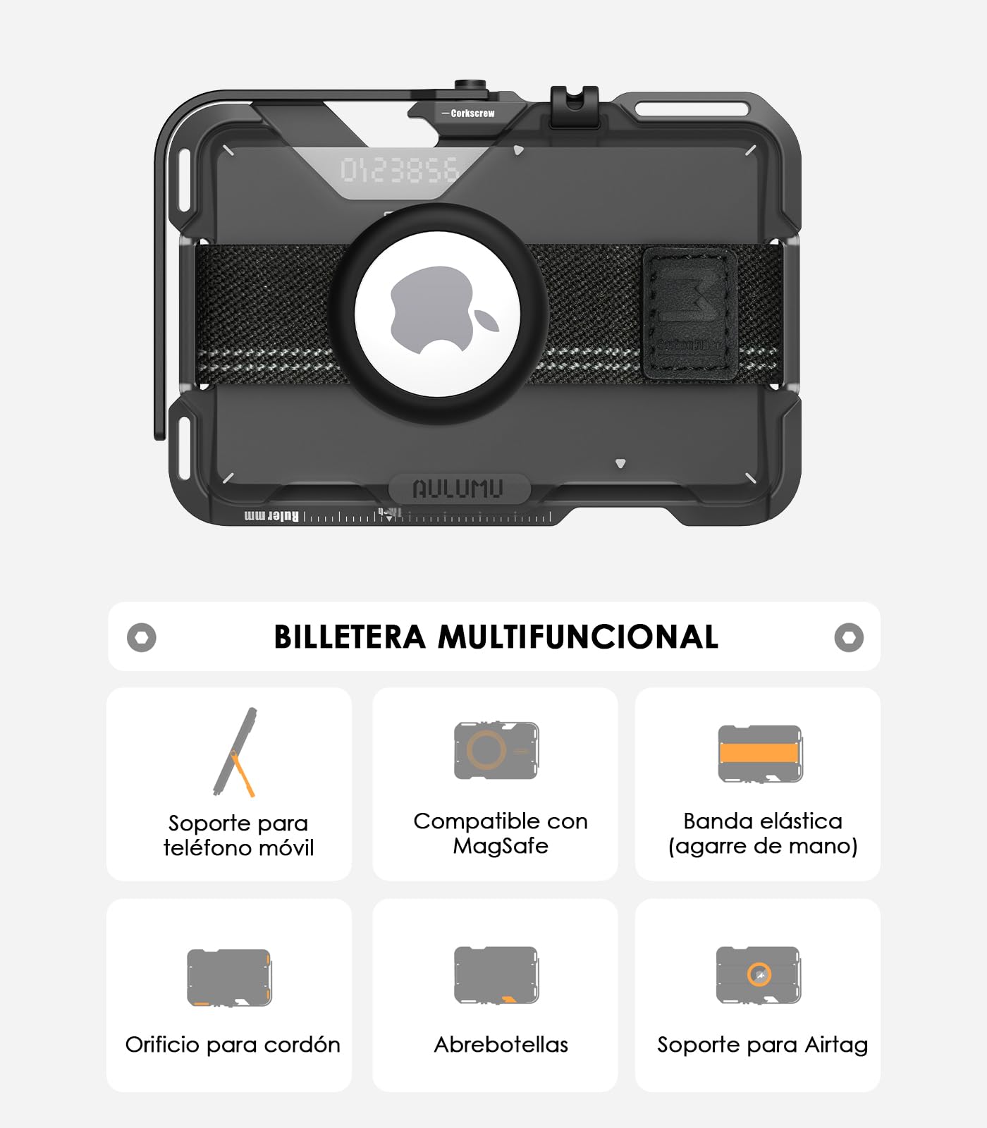 Aulumu G03 Porta Tarjetas,Compatible con MagSafe, Multifuncional Tarjetero con Elástica Banda, Móvil Teléfono Soporte/Agarre,Abrebotellas, Bloqueo RFID