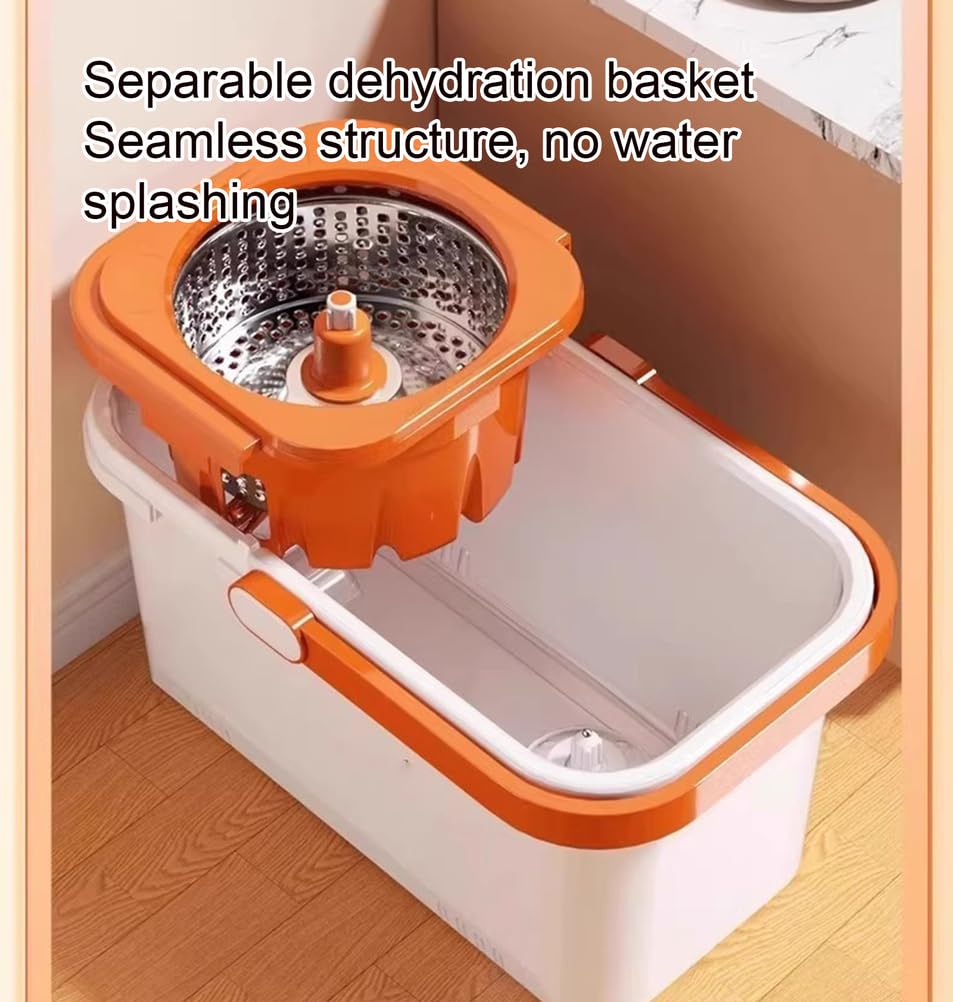 Sistema de fregona giratoria y Cubo con escurridor Manos Libres | Cabezal de trapeador de microfibra grande, súper absorbente, limpio con un solo toque, trapeador perezoso para
