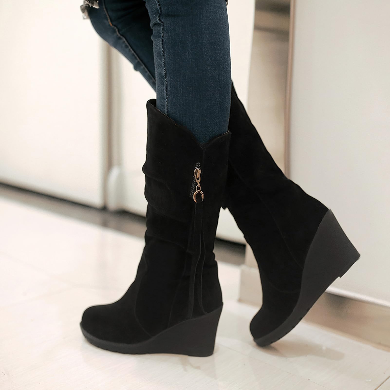 rismart Stivali Western Donna Polpaccio Medio Tacco a Zeppa Foderato con pelliccia sottile Camoscio Scarpe Invernali