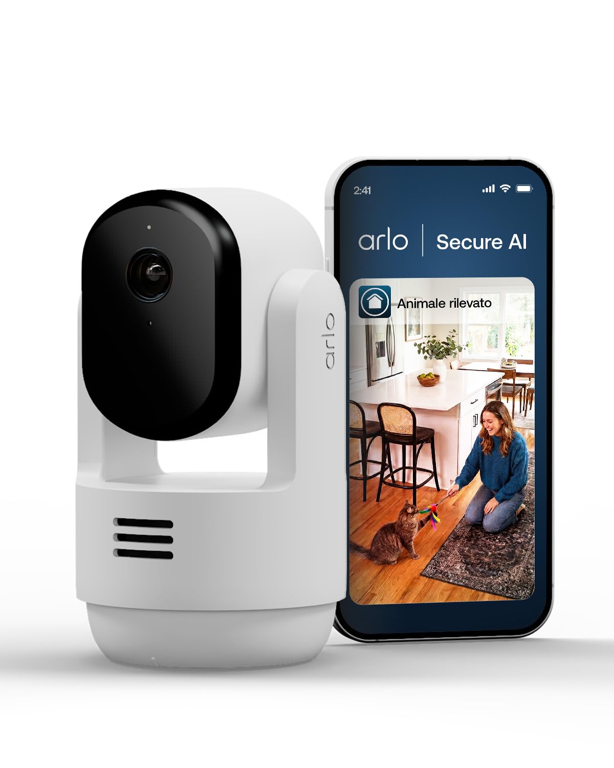 Arlo Essential 3 Indoor 2K PTZ, Telecamera di Sorveglianza WiFi Interno 2K, Rilevamento di AI, Visione Notturna, Audio Bidirezionale, 1 Telecamera, Bianca