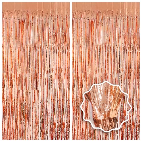Image of Rose Gold Birthday Party Decorations Foil Fringe Backdrop Curtain 2 Pack 3.3x8.2 Ft, Rose Gold Streamers Happy Birthday Banner Backdrop Arch Decor for Sweet 16 Women Girl Baby Shower Bridal Shower