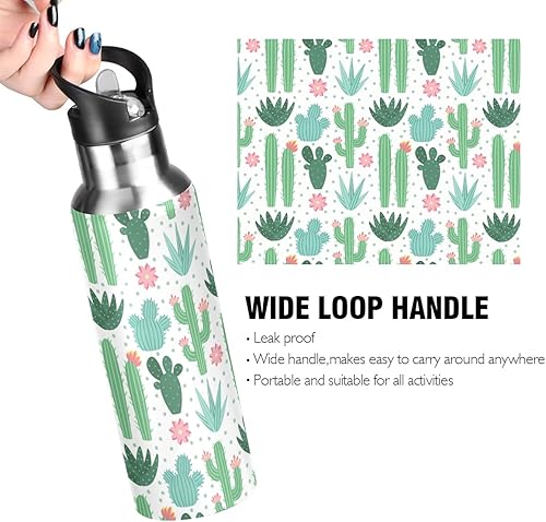 Miniatura 4 de Botella de agua Green Cactus para niños, termo con tapa con pajilla, plantas tropicales para niños, con aislamiento de acero inoxidable, a prueba de