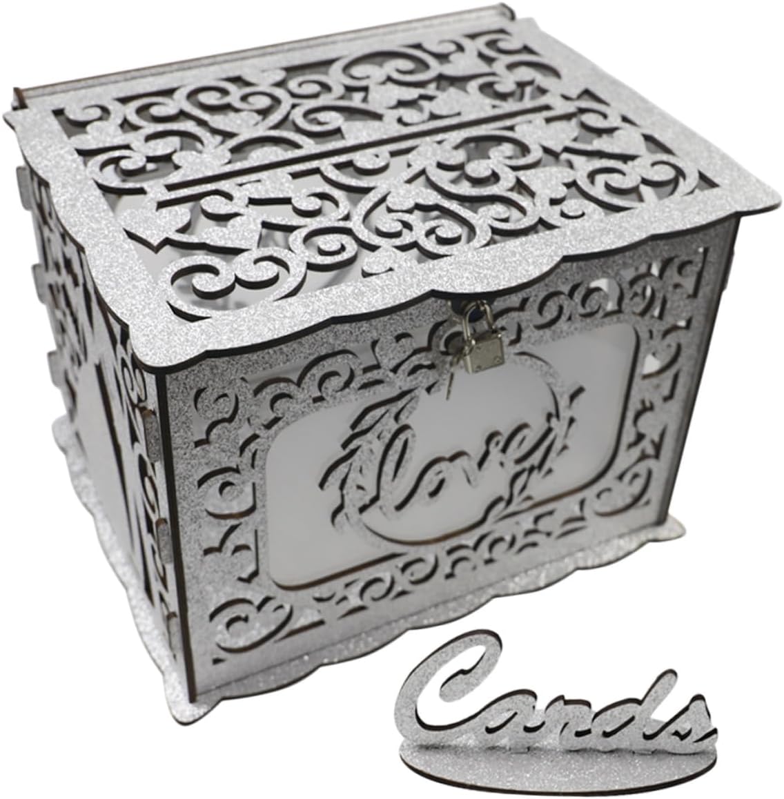 Cabilock Wood Hollow Card Box with Lock, Wooden Envelope Money Storage Box for Wedding and Birthday, Hollow Wooden Greeting Card Holder for Party and Event Decor