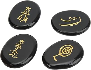 レイキシンボルストーン 4個セット、天然クリスタル、黒、瞑想・チャクラバランス調整・ヒーリング用、収納バッグ付き