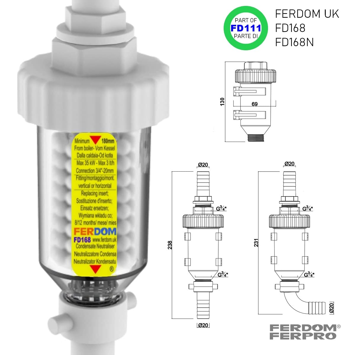 KIT SALVA CALDAIA FD111 Ferdom. 3In1. Filtro Defangatore Magnetico Sottocaldaia +Anticalcare Dosatore Proporzionale Di Polifosfati +Neutralizzatore Di Condensa. Per caldaie fino a 24kW. Fai-da-te. NEW