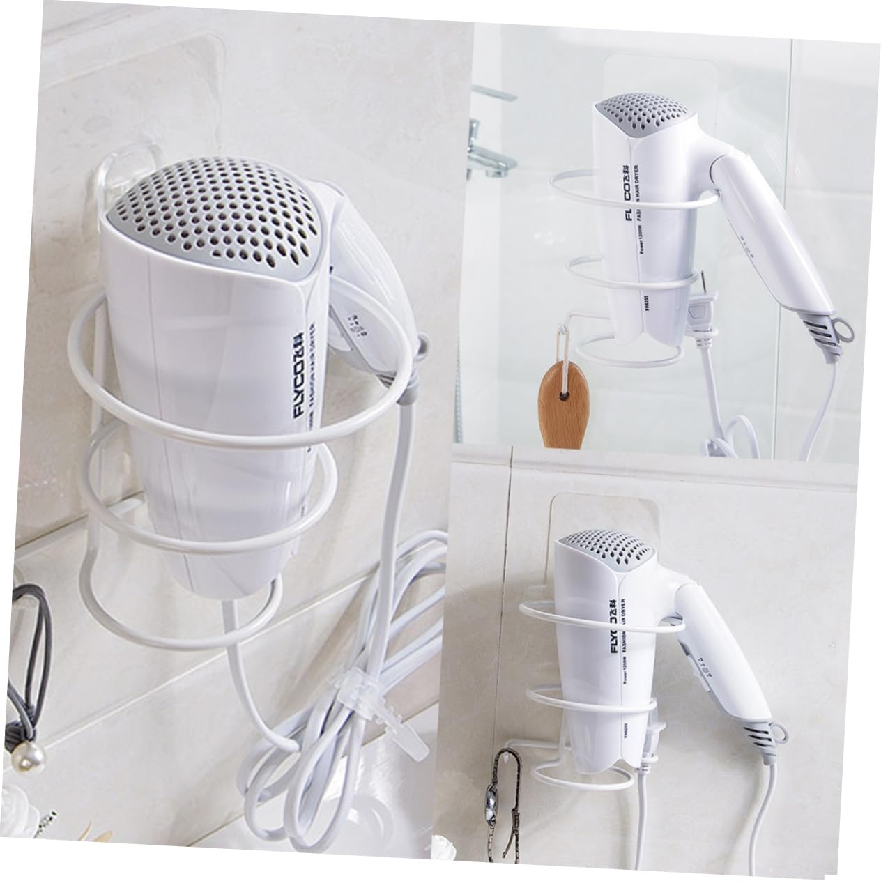 BIUDECO Hair Dryer Blower Holder Wall Mount Iron Crafted Scratch Resistant Modern Minimalist Bathroom Storage Rack White