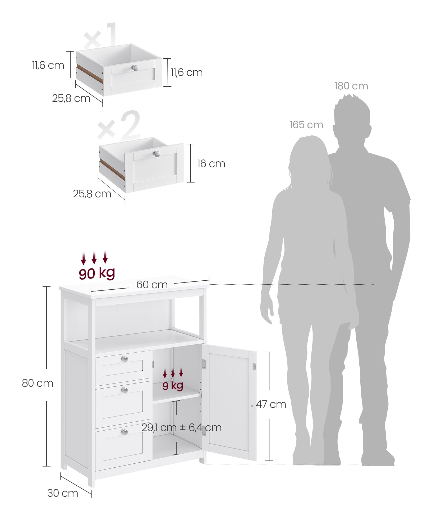 VASAGLE Mobile da Bagno, Armadio da Bagno, Armadietto Autoportante, con 3 Cassetti, Ripiani Regolabili, 30 x 60 x 80 cm, Bianco BBC542P31V1