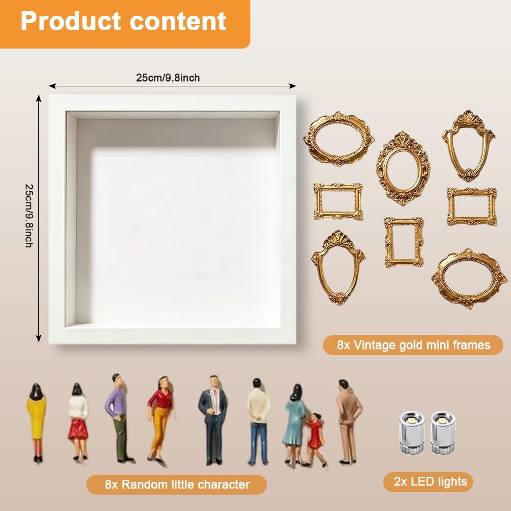 DIY Mini Museum Silhouette Box, DIY Mini Museum Bilderrahmen mit Licht, Minibilderrahmen Set Vintage mit 8 MiniGoldene Rahmen & 8 Zufällig Figuren,Fotospeicher Bilderrahmens für Jahrestag(Weiß)