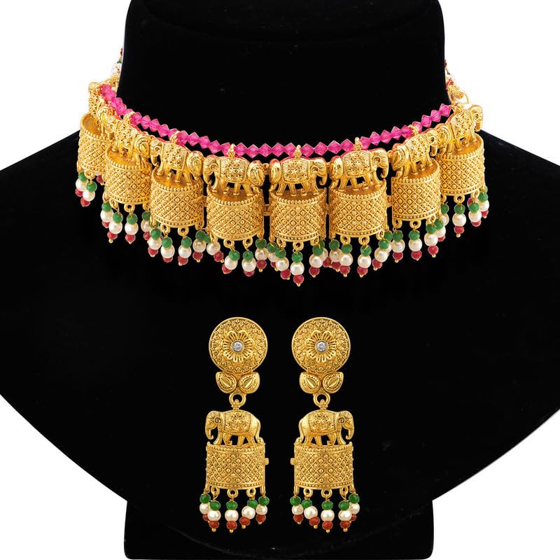 Aheli Elegante tono oro realizzato etnico festivo festa di nozze indossare collana girocollo Jhumki orecchini set per donne indiane gioielli di moda tradizionali, Metallo
