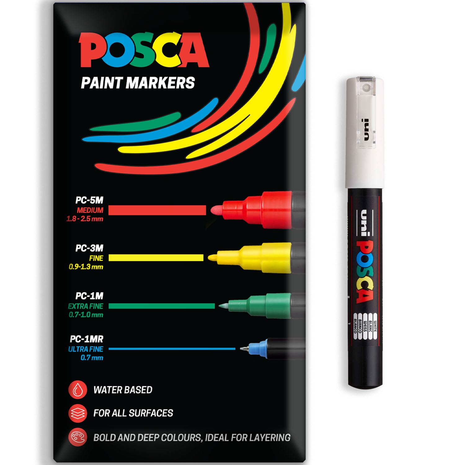 Posca Water Based Acrylic Paint Marker Pens | Multi Surface Use Permanent Paint Pen | Pack of 1 in Envelope Gift Packaging | Glass, Fabric, Canvas, Wood etc | PC-1M, White