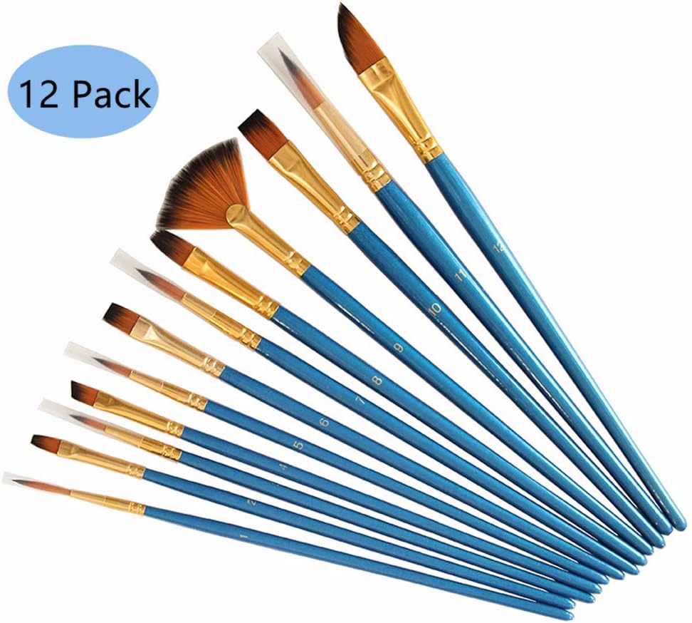Tweal Paint Brushes Set,12 Pack Round Pointed Tip Nylon Hair Artist Acrylic Brush for Acrylic Watercolor Oil Painting-Blue