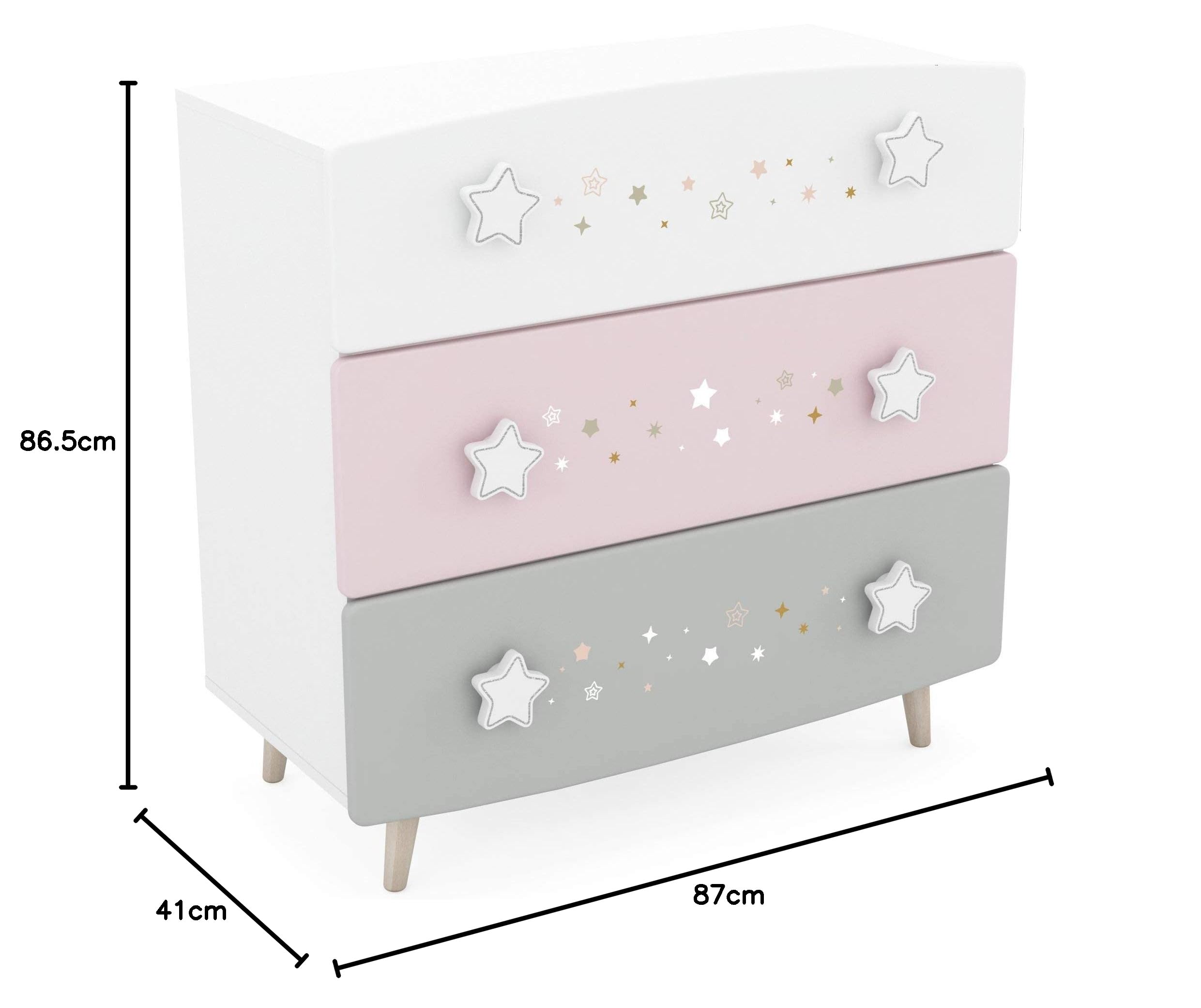 habeig Kinder Kommode Sterne Kinderzimmer Schrank Prinzessin Anrichte Schublade Tür Gross Star Himmelssterne (Rosa/Weiss/Grau # 443)