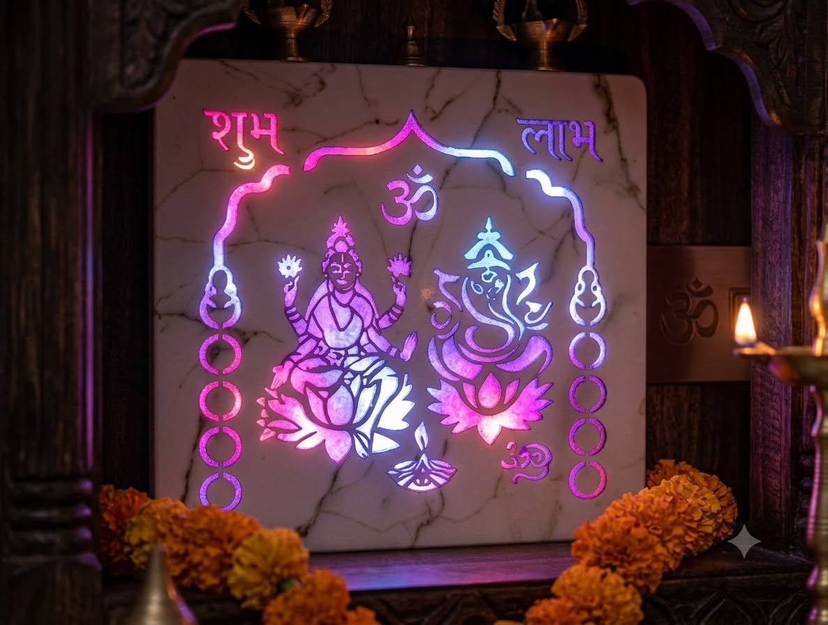 Shearrive Lifestyle Laxmi Ganesh LED Light Panel | Shubh Labh Design, Om Symbol Engraved, Pooja Room Decor, Colour Changing Light, Wall Hanging-image-3