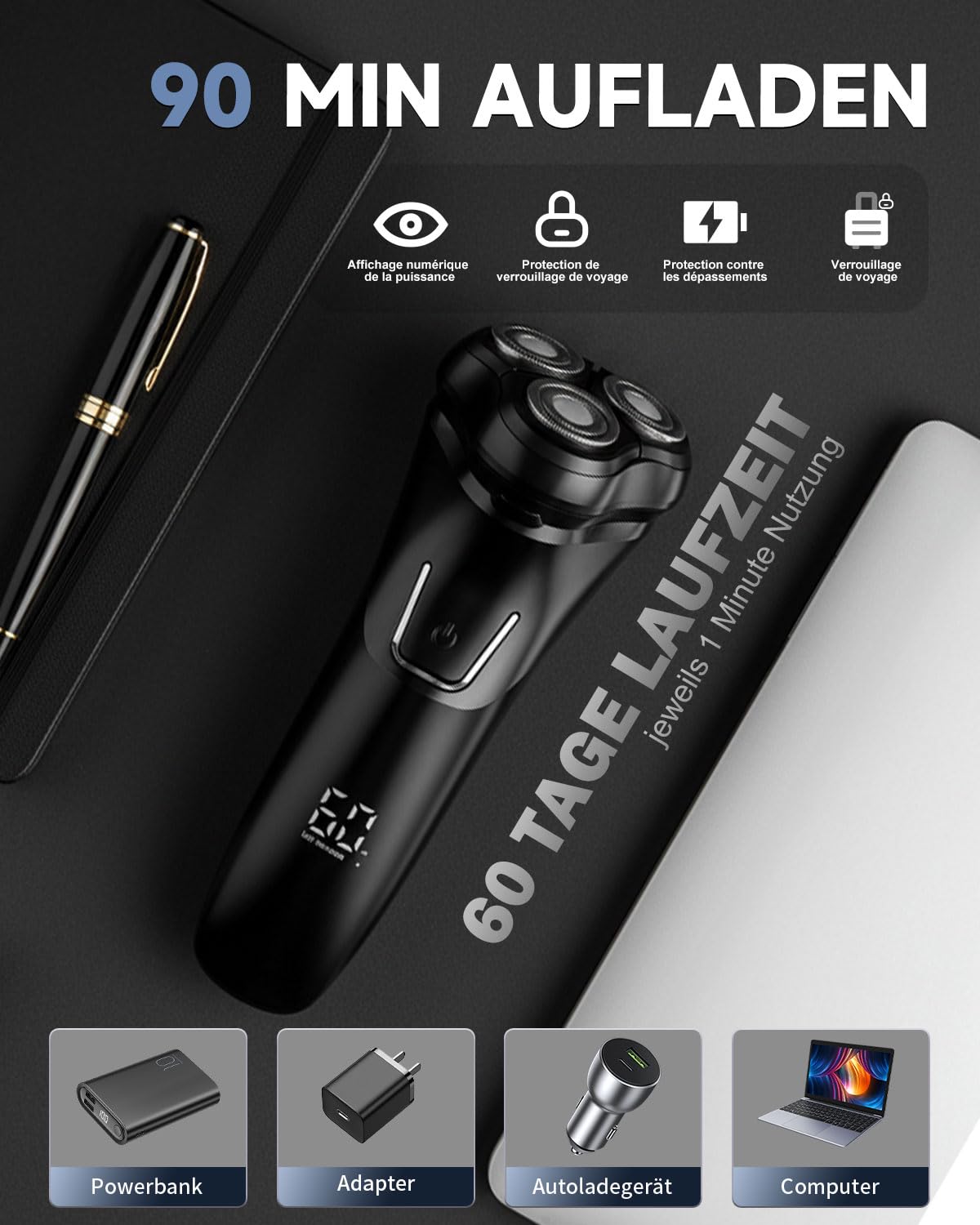 Rasoir Electrique Homme avec Écran LCD, IPX7 Étanche pour Rasage Sec et Humide, 4D Tête Flottante, 120 Min d'Autonomie, Rasoir Rechargeable avec Verrouillage de Voyage, Idéal pour Peau Sensible (Noir)