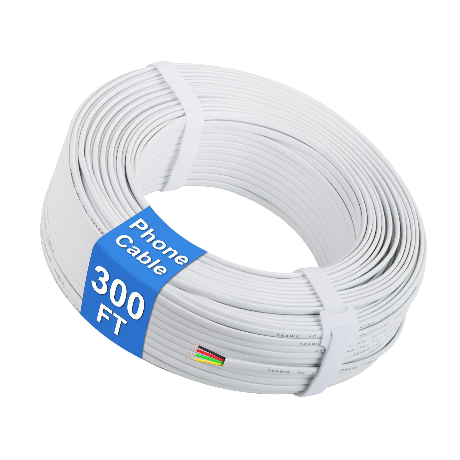 Uvital Phone Cable, 300FT White Telephone Extension Cord Wire Cable with 4-Core Solid Copper Wire, 4x1/0.4mm 26 AWG, Flat Phone Line Cord Compatible