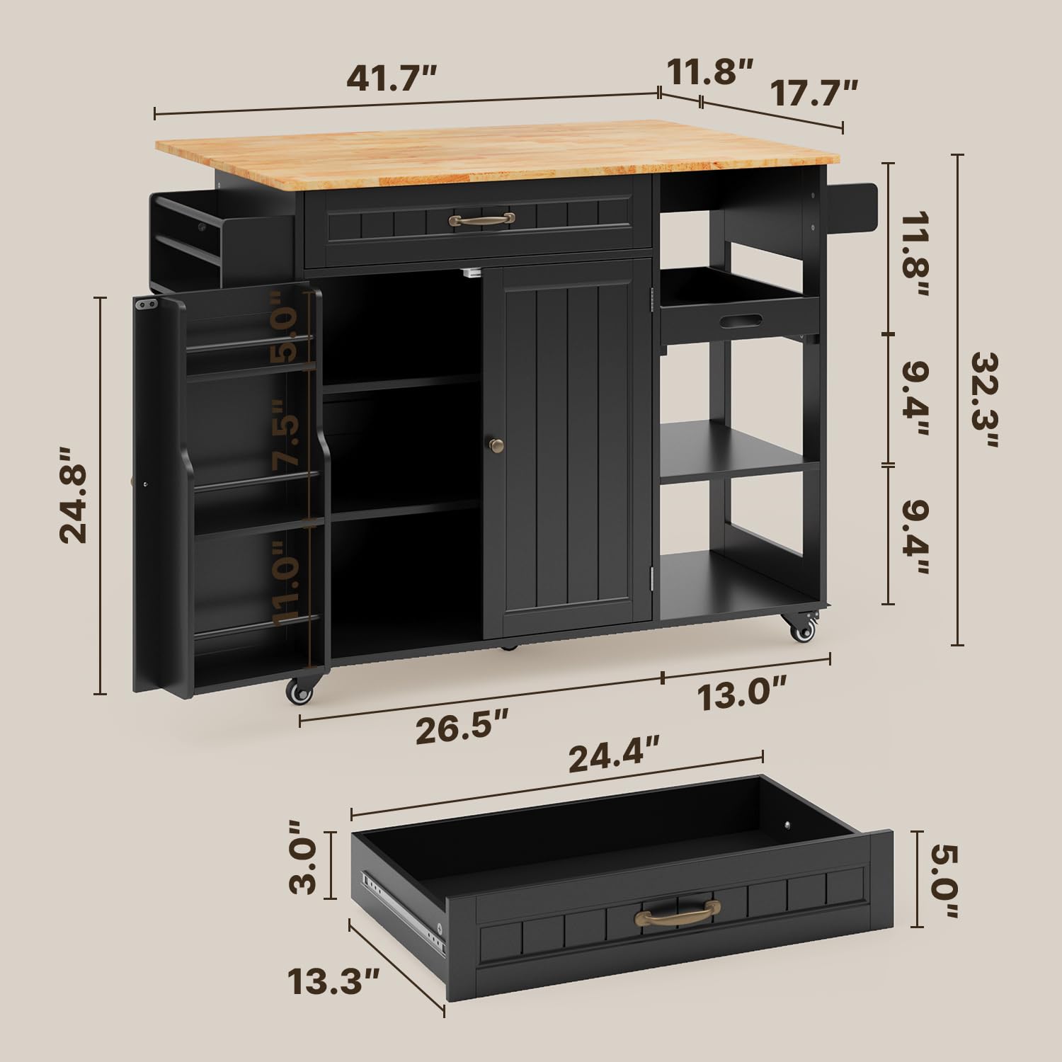 Kücheninsel Auf Rädern Mit Tropfenblatt – Braun, 115,6x44,5x90,2 Cm, Mit Schubladen & Schrank