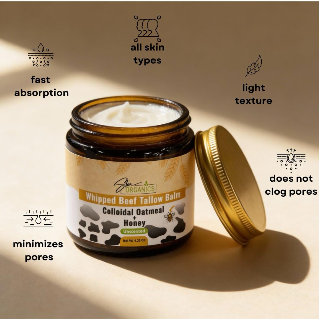 Shea Organics Whipped Beef Tallow Balm for Face & Body | 100% Grass-Fed Tallow with Colloidal Oatmeal & Honey | Unscented Moisturizer for Sensitive, Eczema-Prone & Rosacea-Prone Skin | 4.23 oz