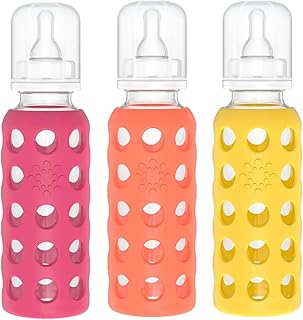Lifefactory Glass Baby Bottle BPA Free | Protective Silicone Sleeve | 9 oz Pack of 3 | Raspberry, Papaya, Mango