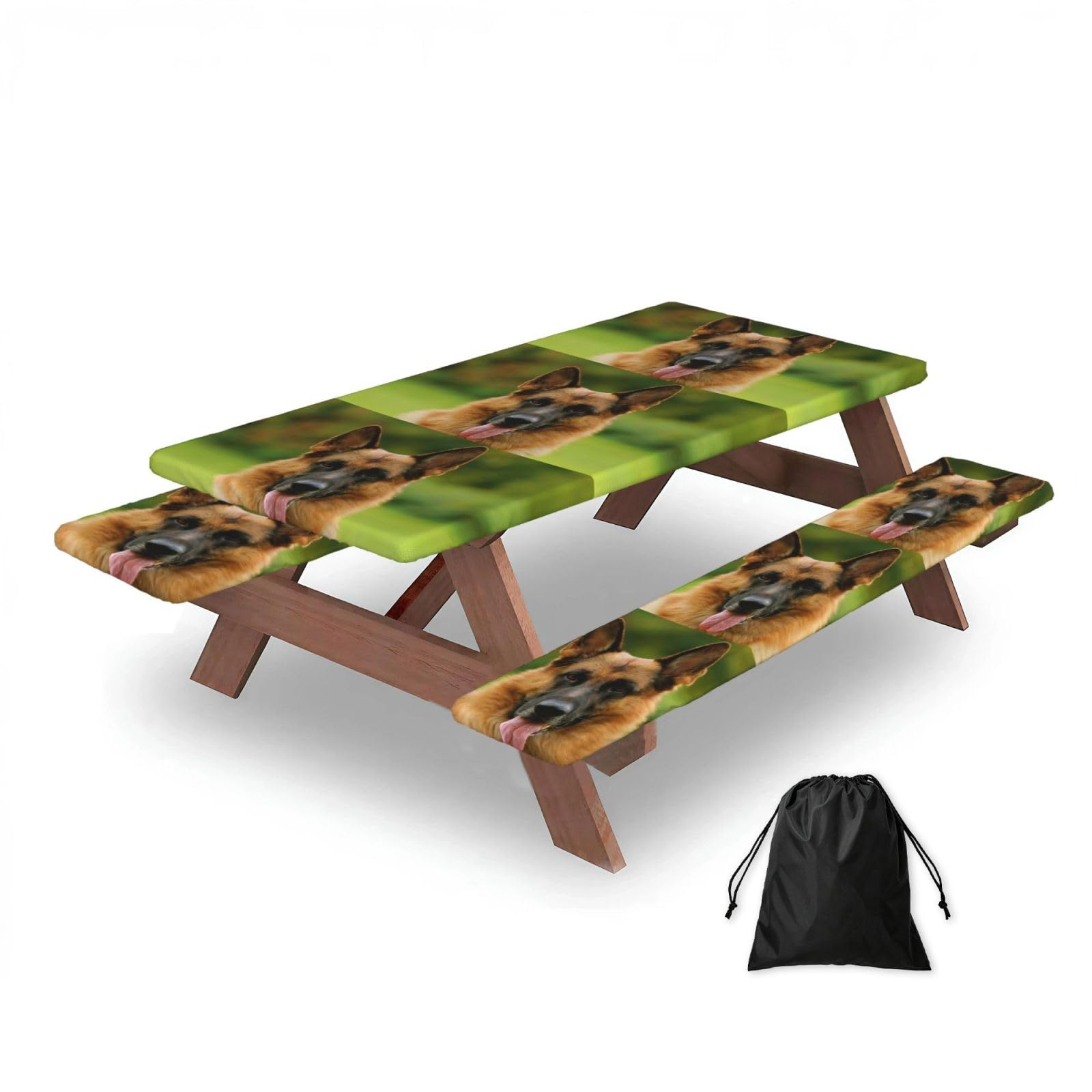 Dopklna As Picture Happy German Shepherd Printed, Picnic Table Cover With Bench Covers -Waterproof Elastic Fitted Tablecloth For Garden Camping Patio 76X152cm