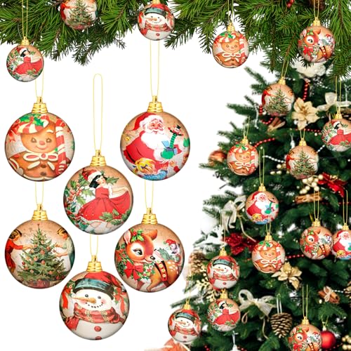 Eaasty 18 Pcs Vintage Christmas Ornaments 2.36 Inch Christmas Tree Ornaments Ball Vintage Xmas Decoration Santa Claus Snowman Balls for Fireplace Holiday Party Favors (Retro Color,Retro Style)