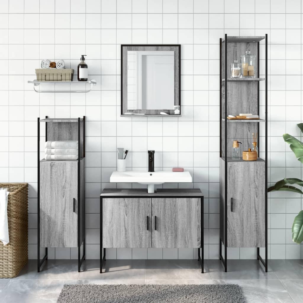 4-częściowy zestaw mebli łazienkowych Sonoma szary materiał drewnopochodny, stal malowana proszkowo i szkło, z szafką pod umywalkę, lustrem i miejscem do przechowywania do łazienki