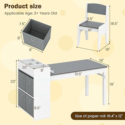 Miniatura 8 de INFANS Juego de mesa y silla de arte 2 en 1 para niños, escritorio de actividades de madera con 2 sillas de almacenamiento, contenedores de lona,