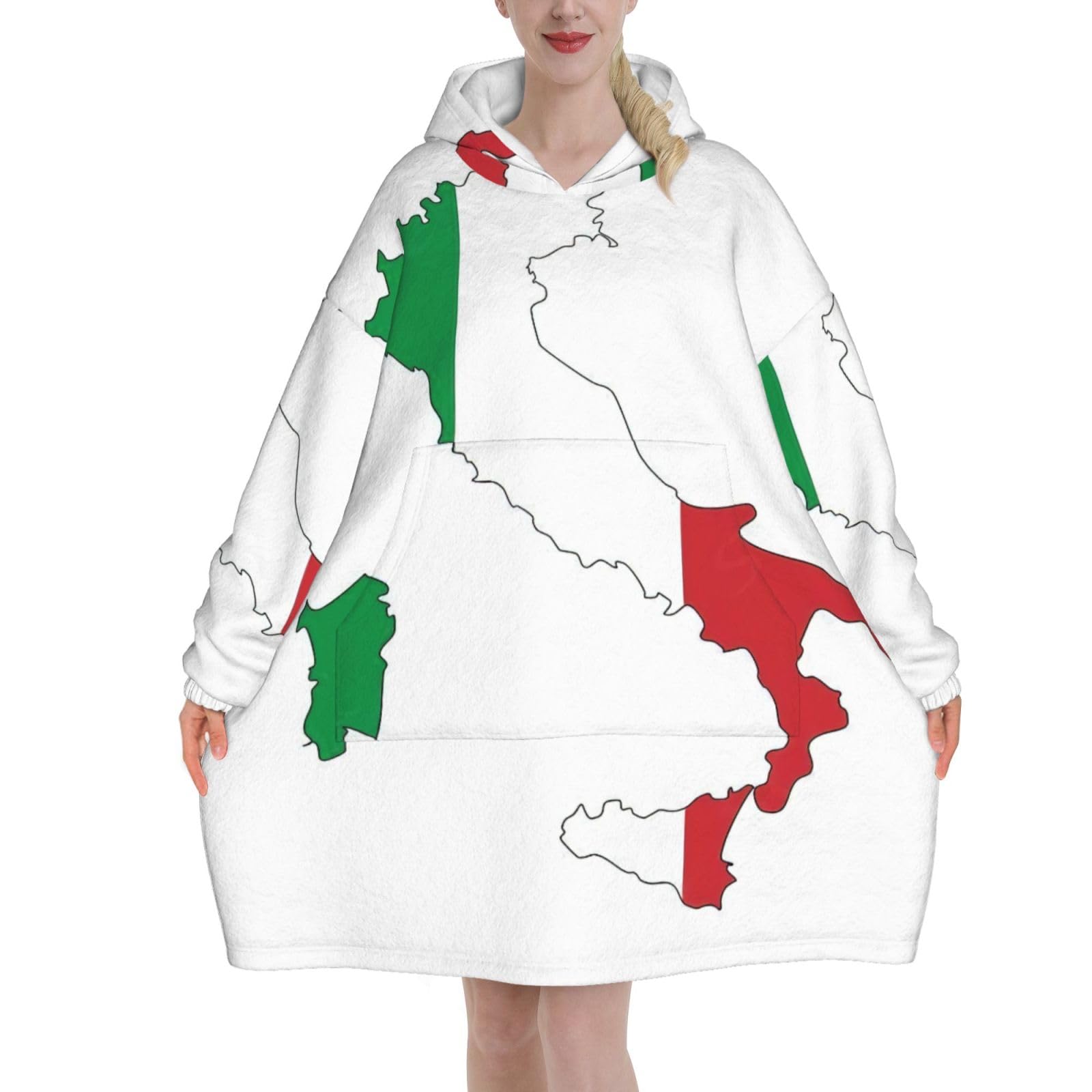 Manta cálida y acogedora con estampado de mapa de la bandera italiana, manta gruesa de franela con capucha con mangas y bolsillo gigante