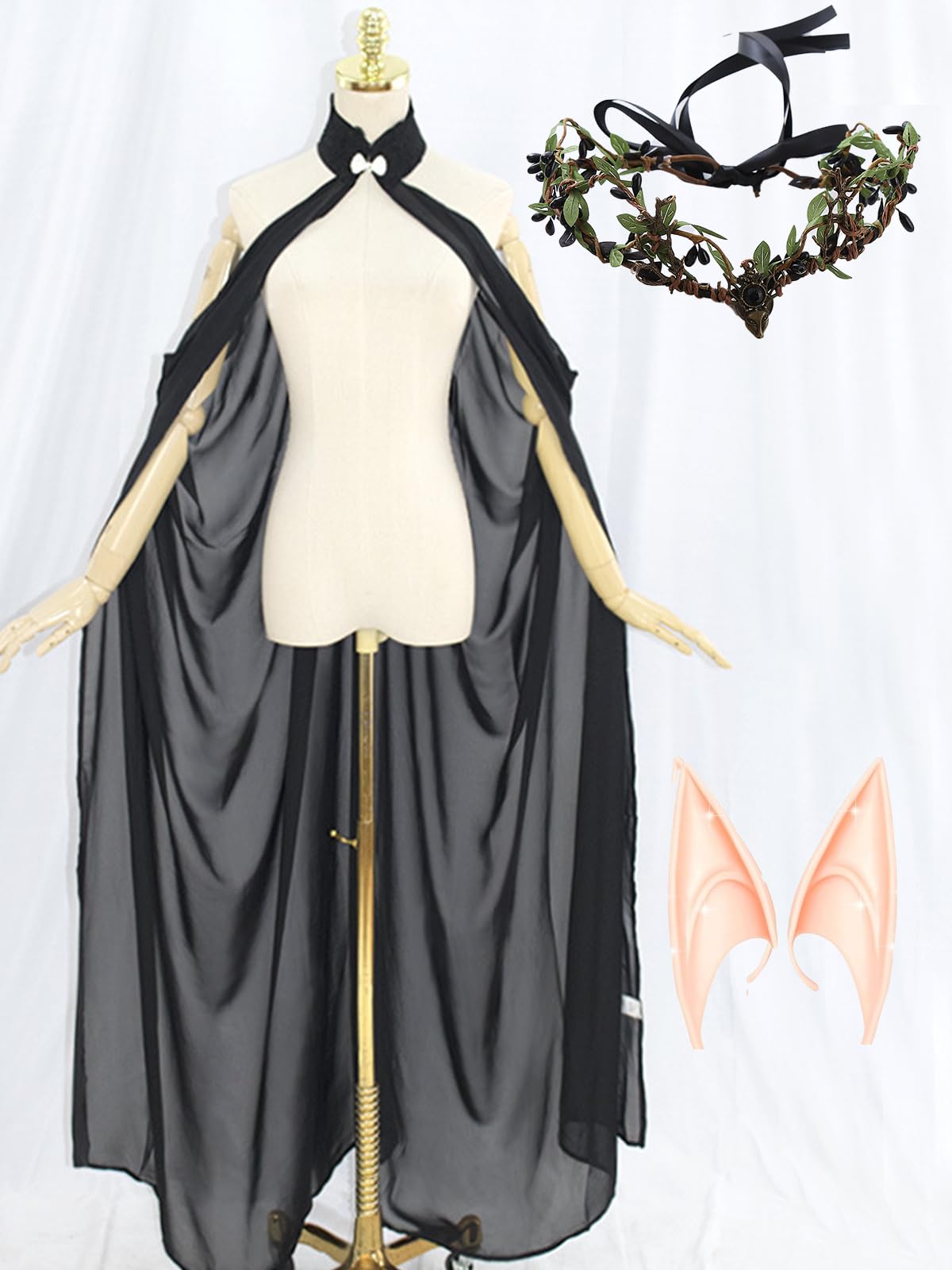 Cape elfique médiévale vintage pour femme, cape elfe de la forêt (couronne d'elfe et oreilles d'elfe incluses)