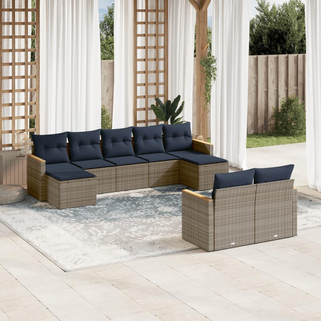 9 Piece Garden Sofa Set with Cushions, Grey Poly Rattan Outdoor Patio Furniture, Modular Design for Backyard Terrace