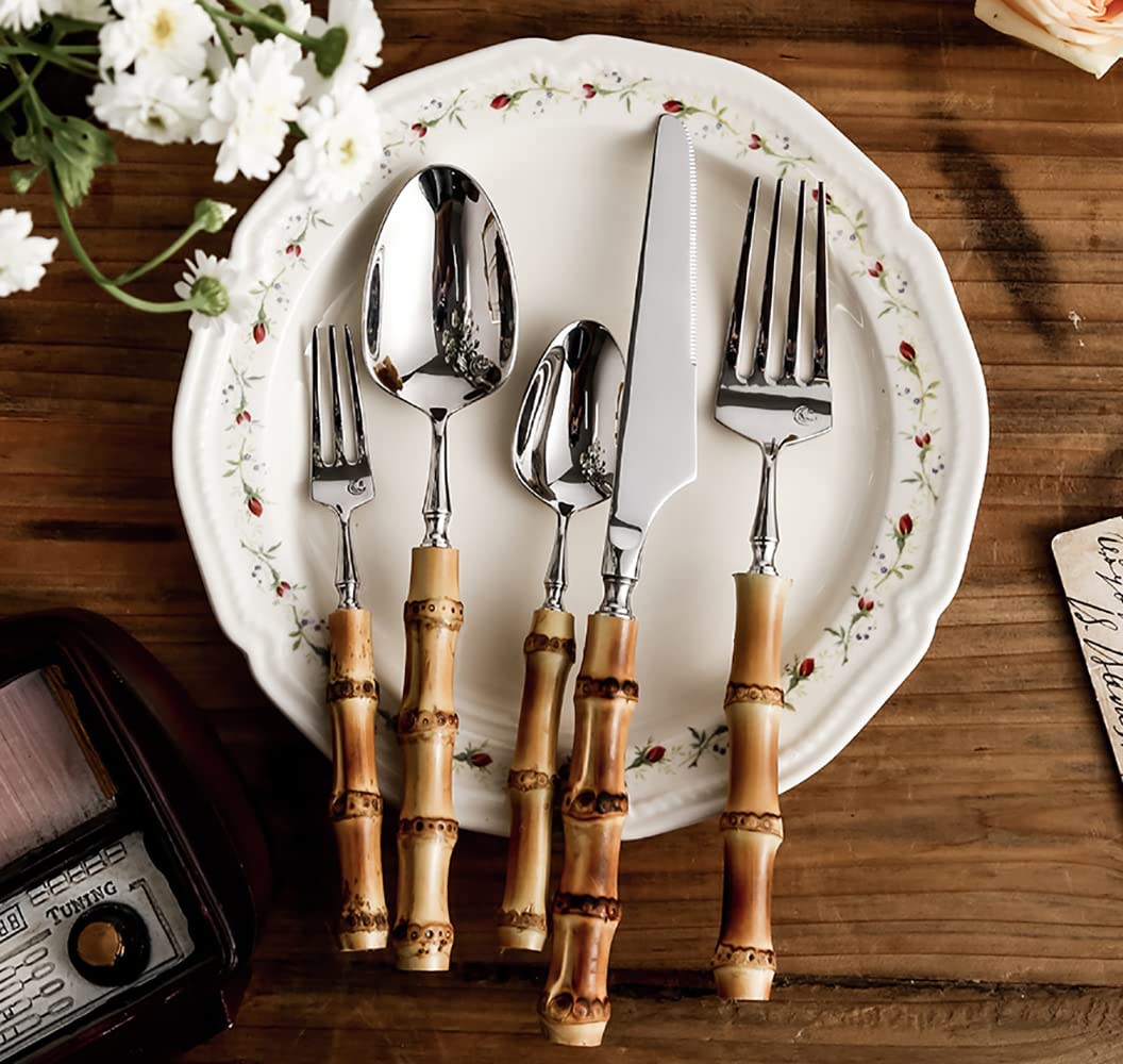 Bamboo Silverware Set for 12 , Natural Flatware Cutlery Set Tableware Utensil Set Knives Forks Spoons, Dinnerware Sets for Christmas Party Kitchen Wedding Gifts 60-piece