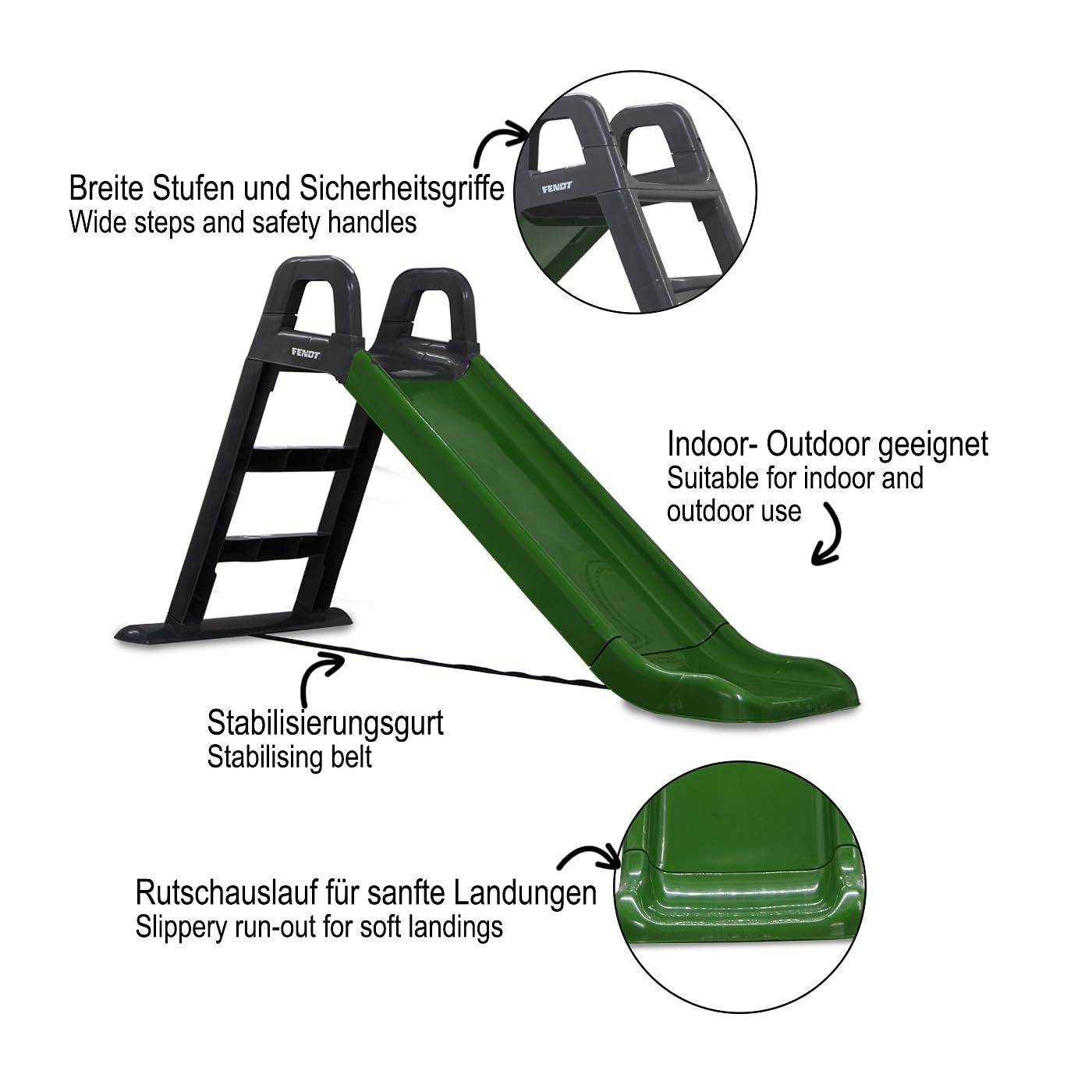 JAMARA 460354 - Tobogán Fendt - De plástico Resistente, caño Antideslizante para aterrizajes Suaves, escalones Anchos y Asas de Seguridad, Correa de estabilización, Color Verde