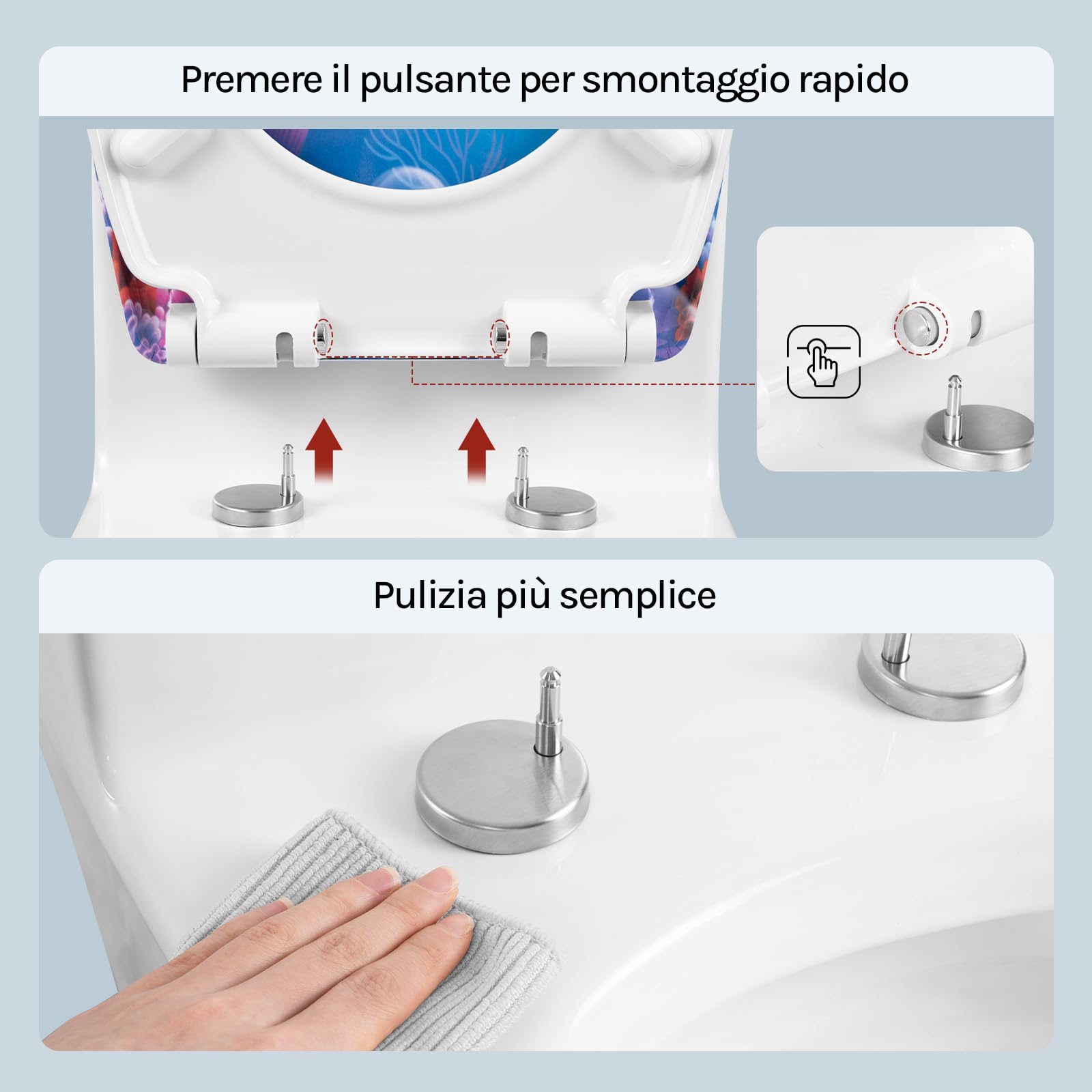 WOLTU Sedile WC con abbassamento automatico, motivo sedile WC con funzione Quick Release e, coperchio WC di alta qualità, in termoindurente, pesce