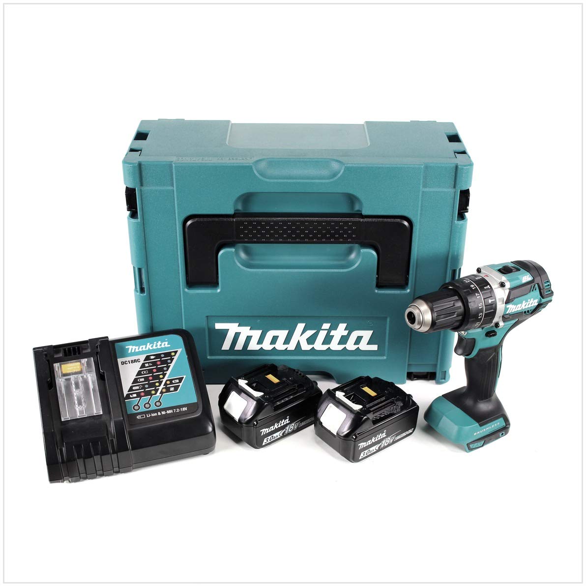 Makita DHP 484 RFJ 18 V akumulatorowa wiertarko-wkrętarka udarowa w walizce Makpac w zestawie 2 x akumulator 3,0 Ah i ładowarka
