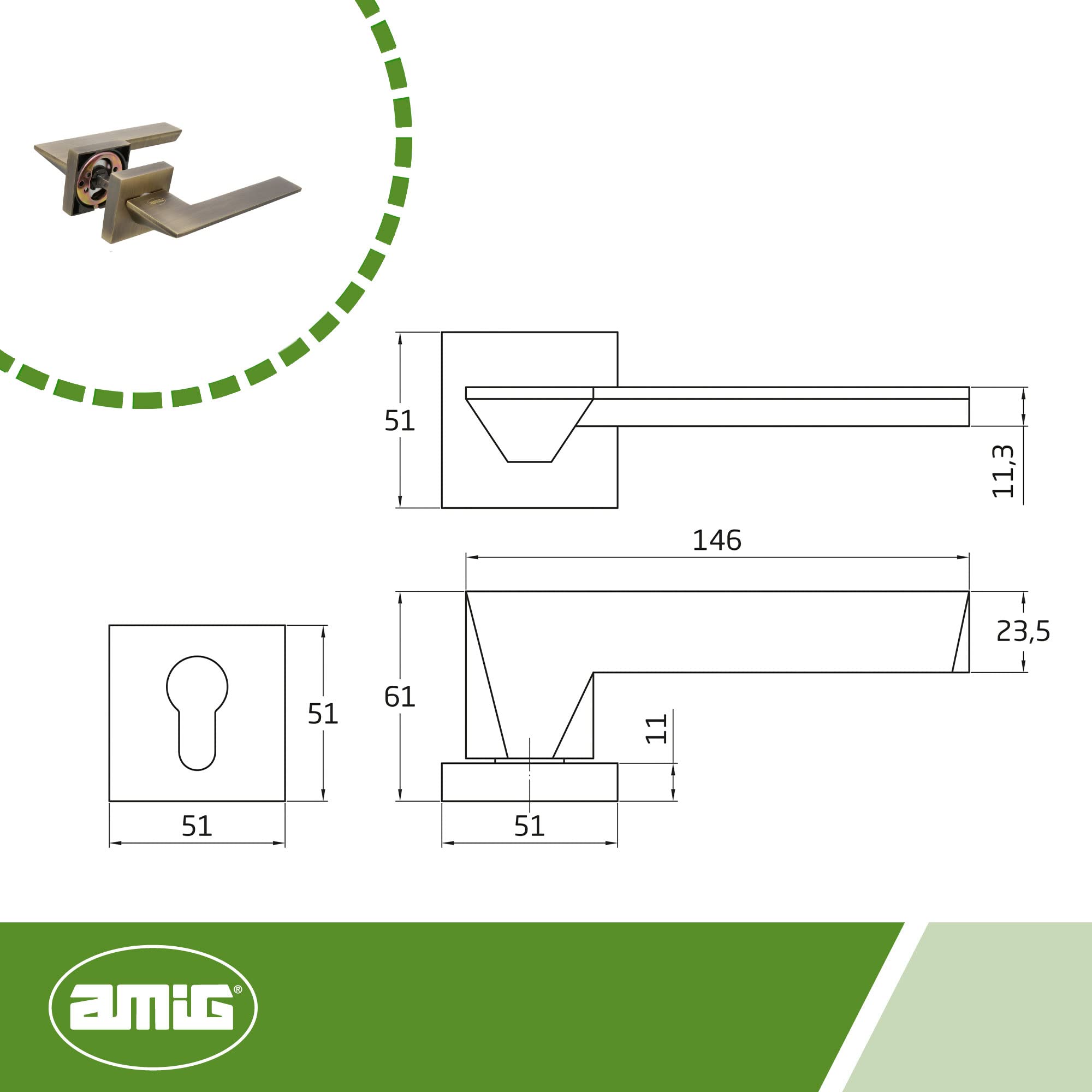 Amig - Set di maniglie per porta | mod. Zahora | 52 x 146 mm | con bocallave | design elegante e semplice | manico ergonomico | pelle zama