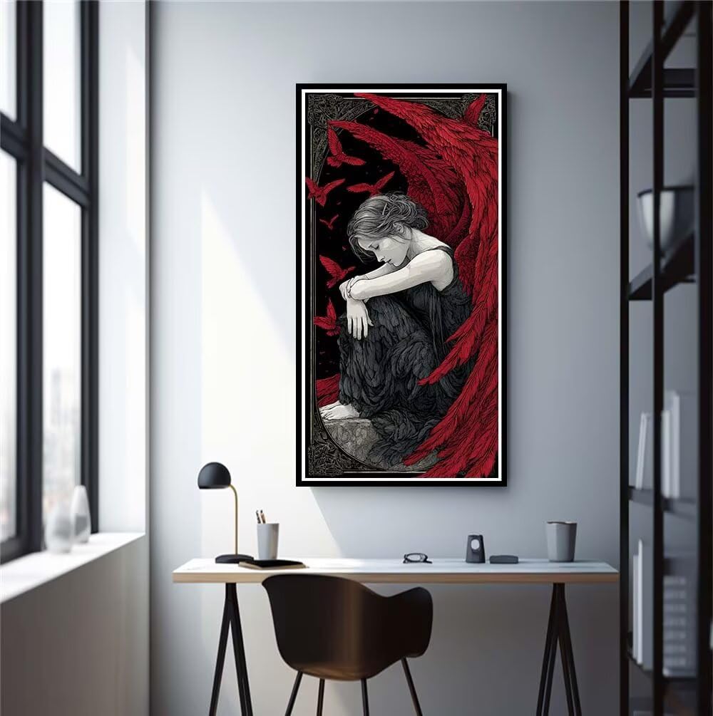 Obraz diamentowy dla dorosłych, duży, XXL, 80 x 160 cm, obraz 5D, obraz z motywem upadłego anioła, okrągły, pełne wiertło, obraz diamentowy, gotyk, sztuka, malarstwo, do domu, na ścianę (RD1040)