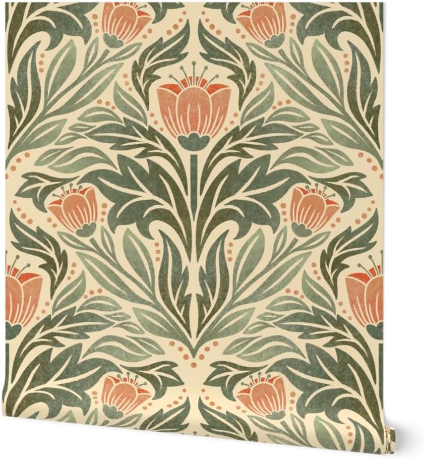 Spoonflower Removable Wallpaper Swatch - Block Print Floral Orange Tulip Damask Rustic Farmhouse Flowers Green Leaves Custom Pre-Pasted Wallpaper