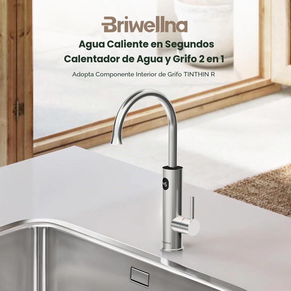 Grifo eléctrico con calentador de agua (220 V, rotación de 360° y pantalla digital, grifo de agua caliente con boquilla universal (plata)