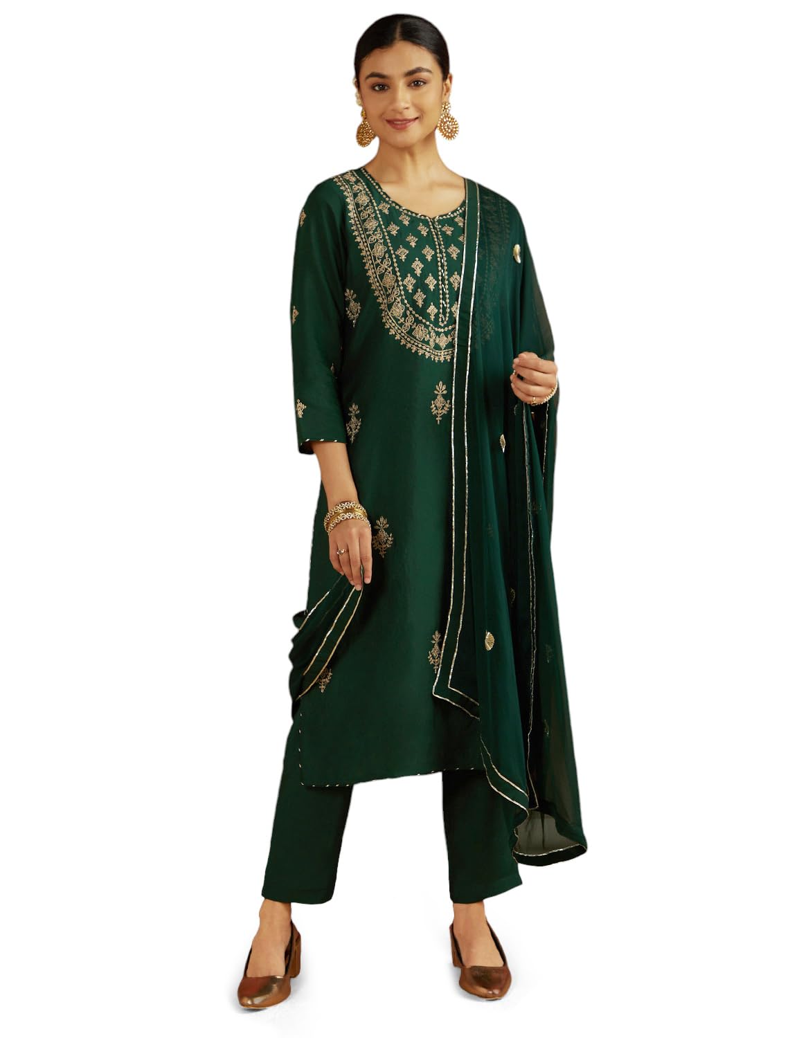 Kaari Women's Royal Emerald Embroidered Kurta Set With Dupatta - Straight Fit | Silk Blend Fabric With Zari Embroidery | Gota Patti Work Cotton Dupatta | Kurta Set For