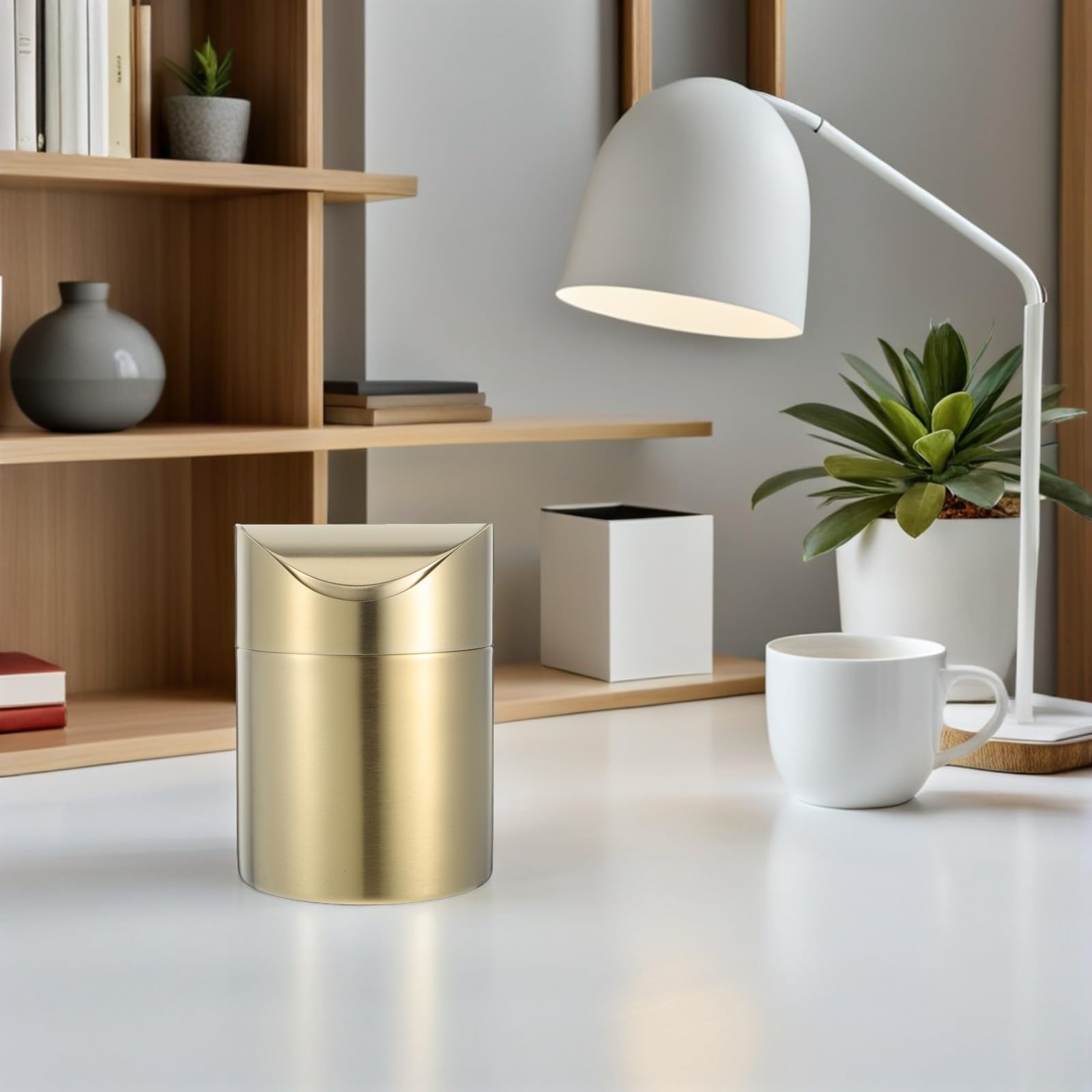 COHEALI 2 Stück Mülleimer für Arbeitsplatte aus Edelstahl mit Deckel zur Geruchskontrolle Vielseitig Einsetzbar für Auto und Schminktisch Kompakter Abfalleimer in Gold