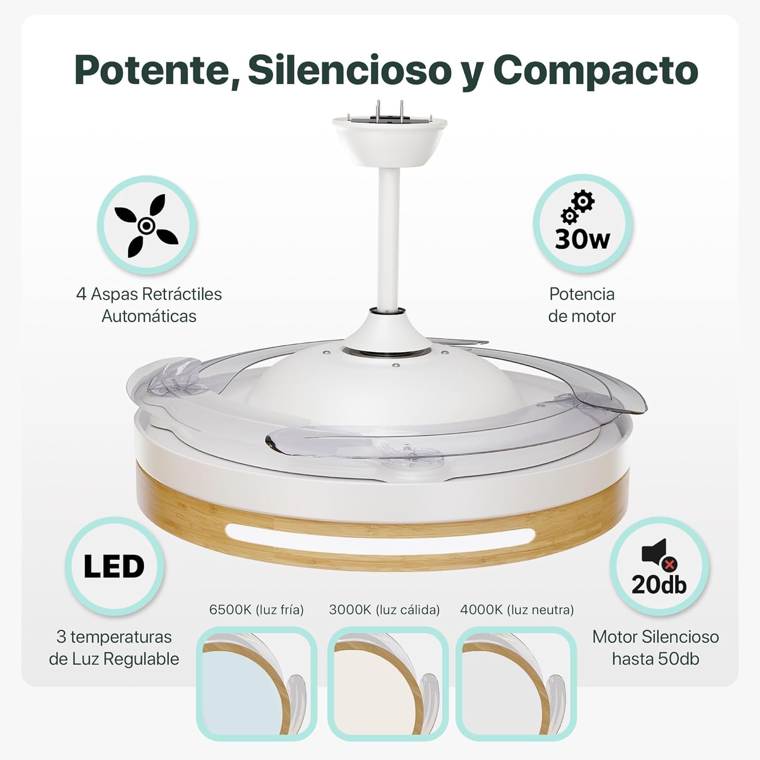 Ventilador de Techo LED con Aspas Retráctiles, Silencioso con Mando a Distancia motor DC 30W+Luz Led 54W, 6 velocidades con Memoria de la luz (Madera)